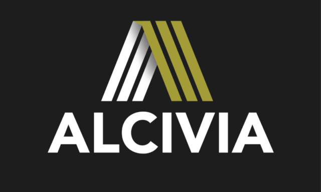 ALCIVIA logo white and green on a black background